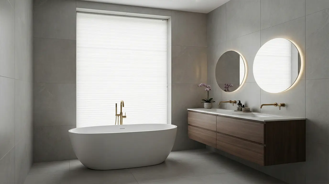 Plisségordijnen verdelen lichtinval in een moderne badkamer
