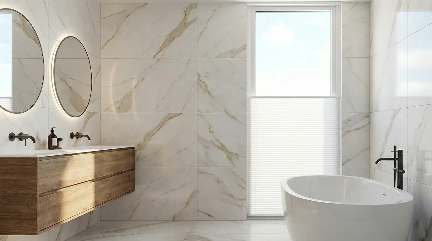 Plisségordijnen bottom-up in een moderne badkamer