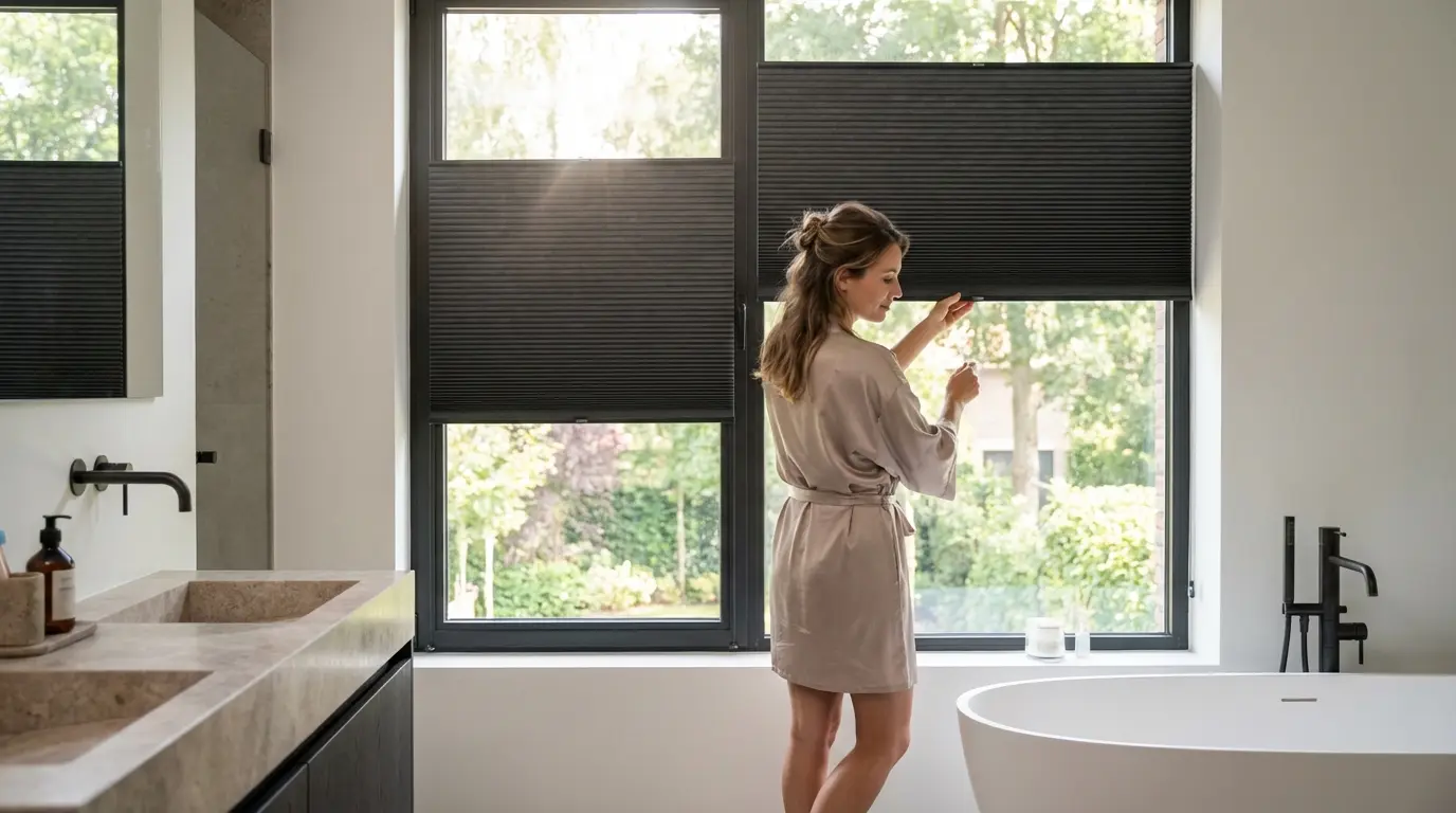 Vrouw sluit plisségordijnen in moderne badkamer